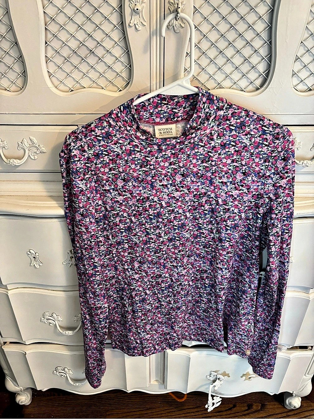 Scotch & Soda All Over Printed Mock-Neck Long-Sleeve T-Shirt Floral Pink & Blue